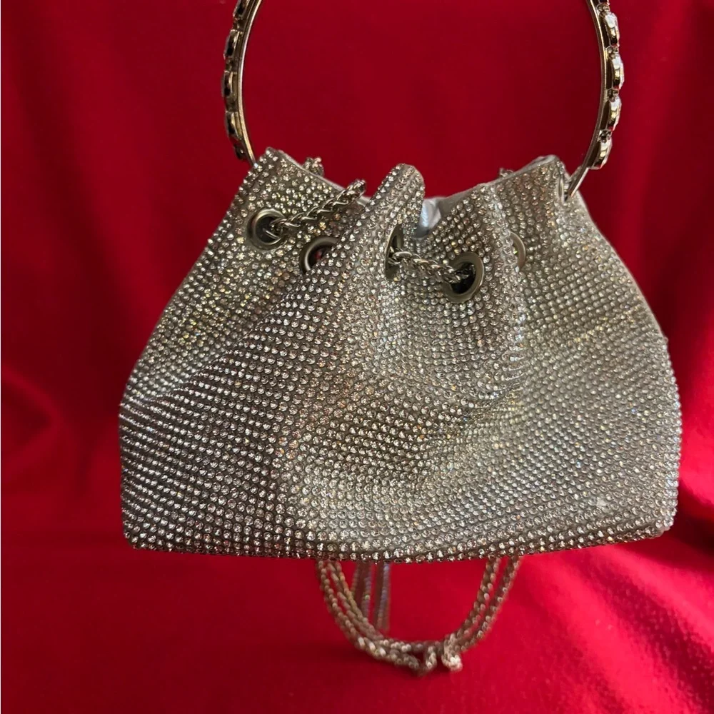 Silver Rhinestones Drawstring Mini Bucket Bag - Picture 4 of 8